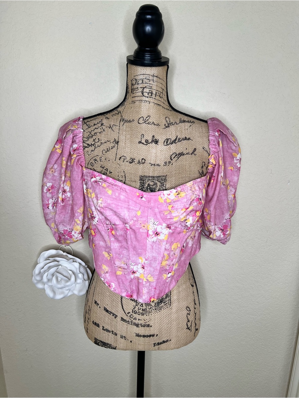 NTM: Bardot Kiah Corset Top Pink Garden Floral Puff Sleeve NWT US 8